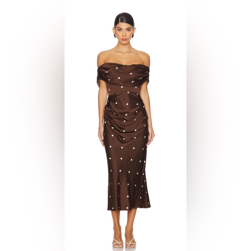 LPA Luisa revolve Brown Polka Dot Off-Shoulder Midi Dress - Picture 3 of 5